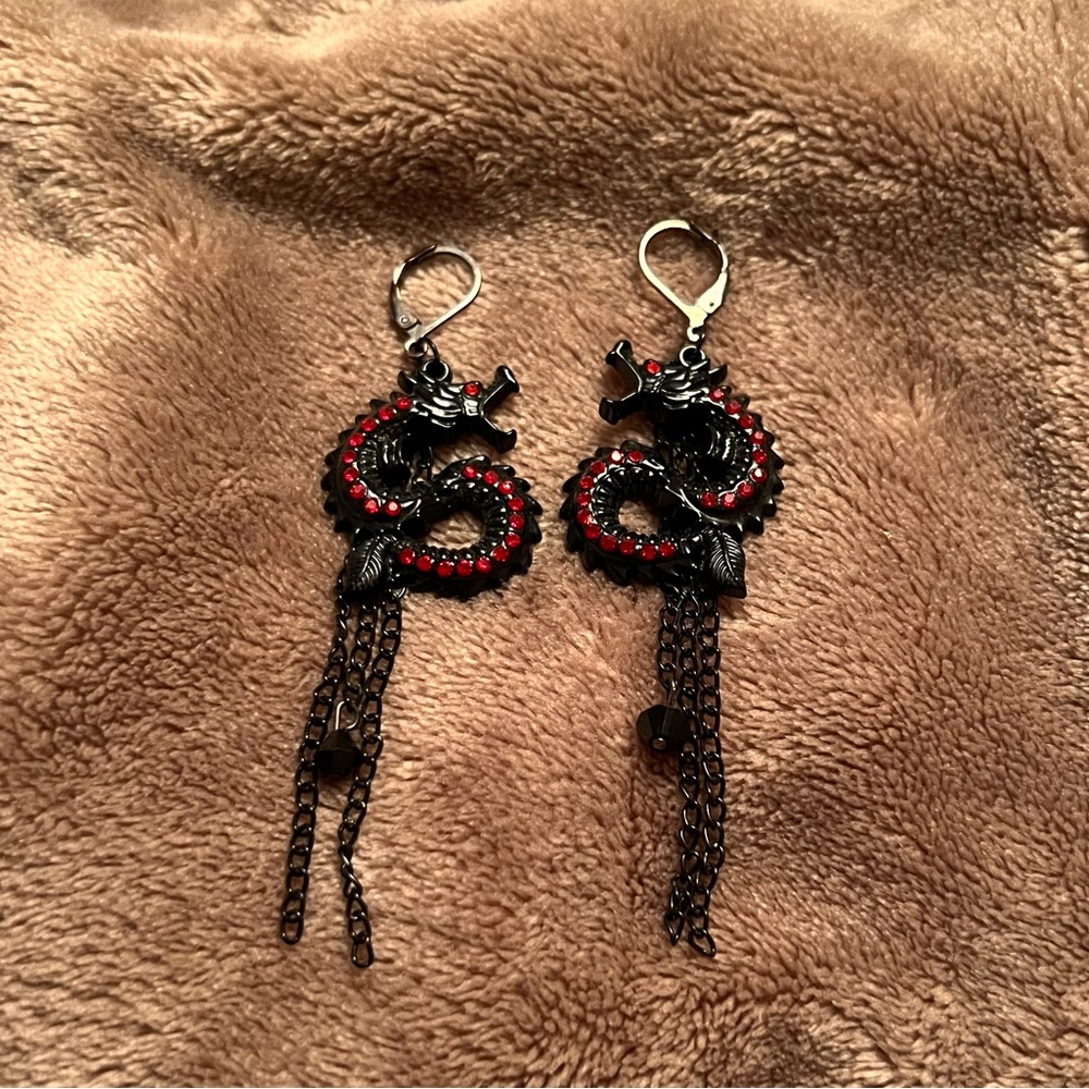 GOTHIC Glossy Black Dragon Whimsygoth Dangle Earrings with Red Crystal Stones